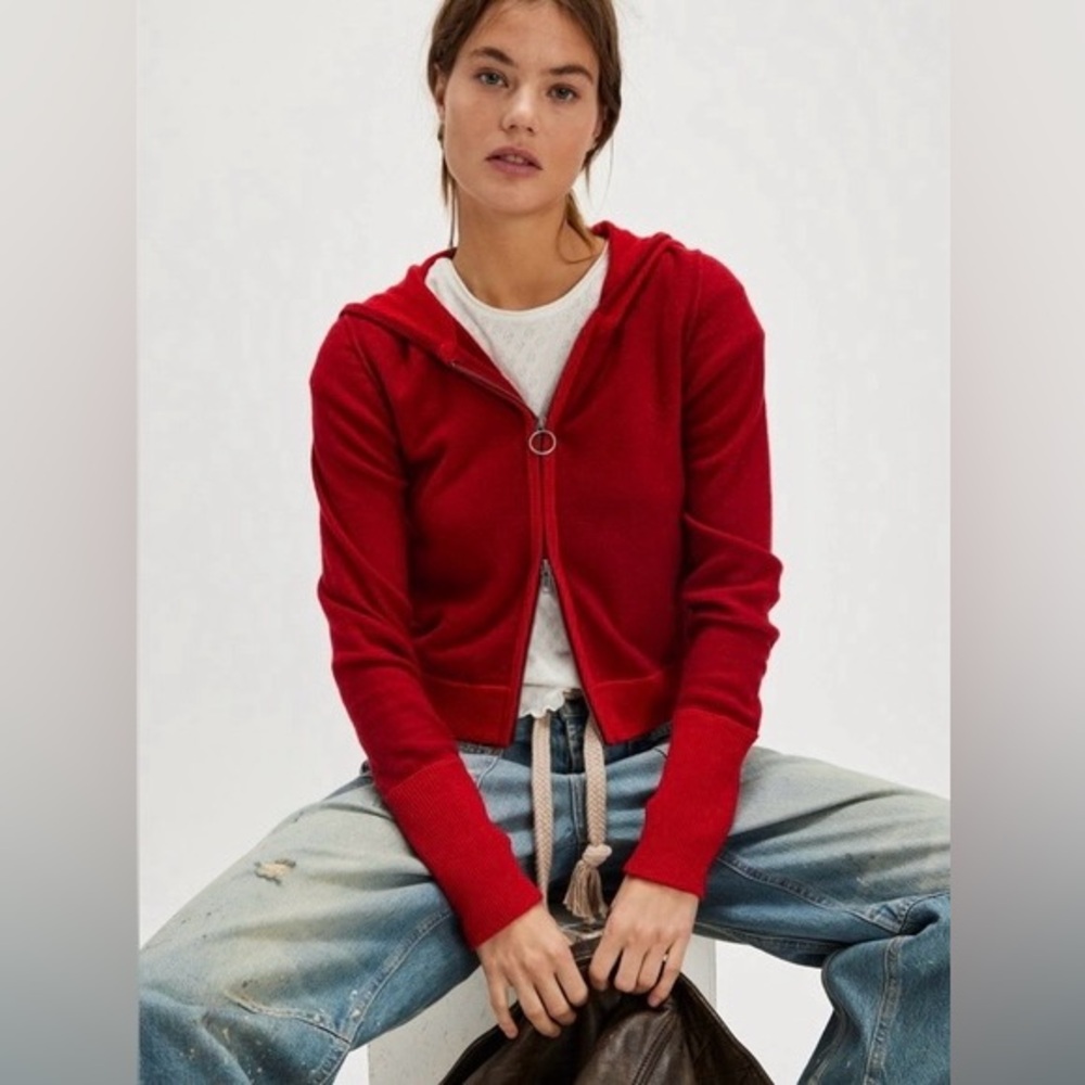 We The Free People Bordeaux Cashmere Hoodie Zip Front Sweater Deep Red Size L